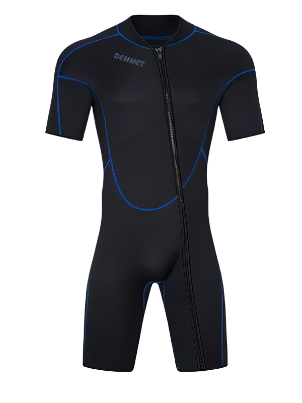 Elastic men's short-sleeve wetsuit SF0859 for snorkeling, 4-way stretch neoprene, black with blue trims, front zip, lightweight.